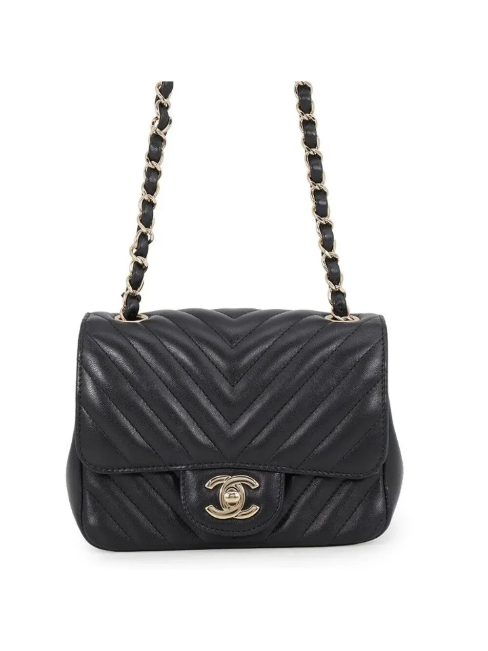 Chanel Chain Shoulder Bag Chevron CC Logo Mini Lambskin V-stitch Black